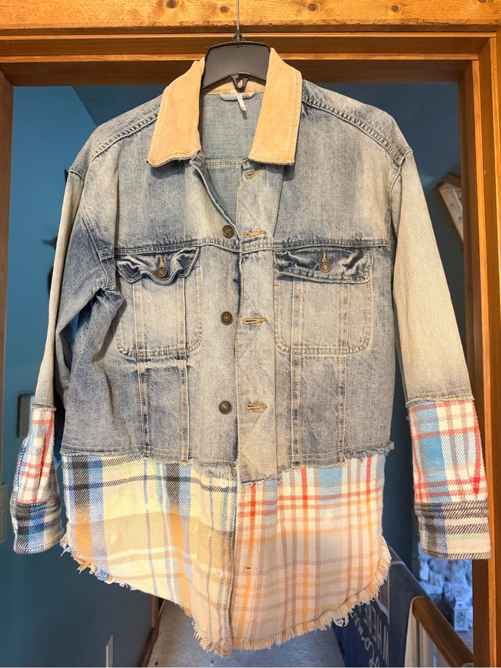 Free People Denim & Plaid Mixed-Media Jacket with Tan Corduroy Collar